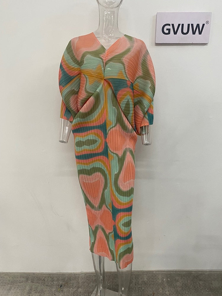 Spring New Pleated Dress Female Printed V Neck Batwing Sleeve Elegant Patry Evening Dresses For Women Clothing
