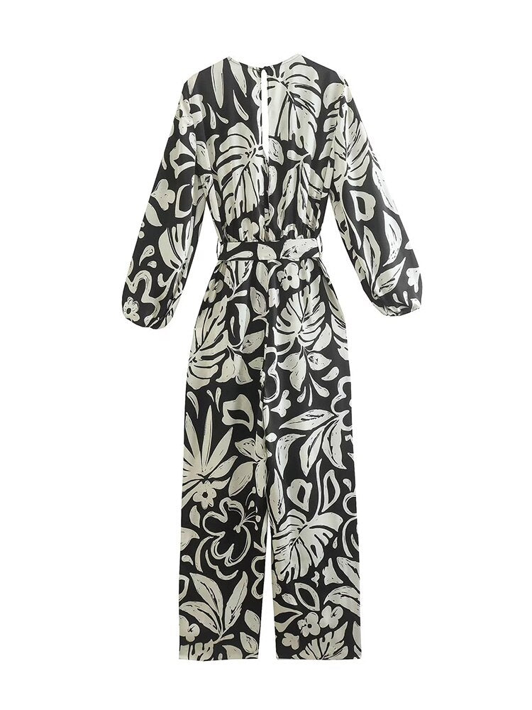 Fashion Women Print Jumpsuits With Belt Spring Autumn Vintage Long Sleeve V-neck Female Causal Playsuits