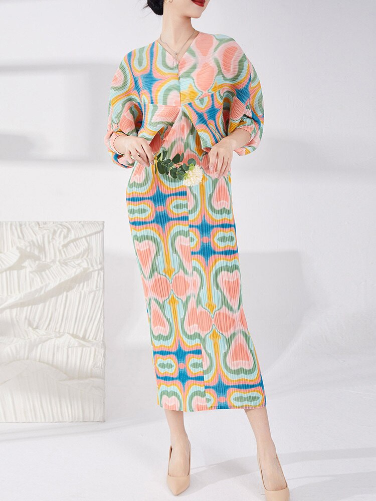 Spring New Pleated Dress Female Printed V Neck Batwing Sleeve Elegant Patry Evening Dresses For Women Clothing