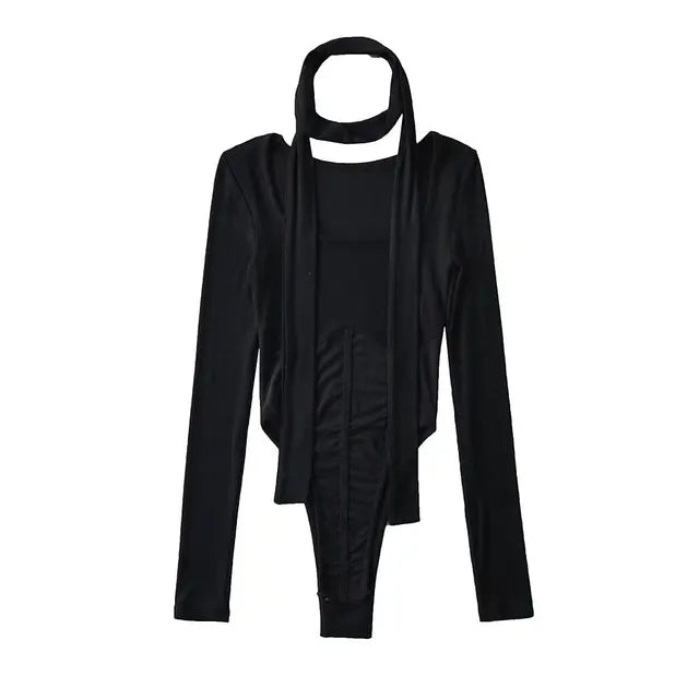 Women Sexy Mesh Square Collar White Bodysuits Spliced Perspective Elastic Slim Jumpsuits With Scarf