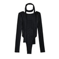 Women Sexy Mesh Square Collar White Bodysuits Spliced Perspective Elastic Slim Jumpsuits With Scarf