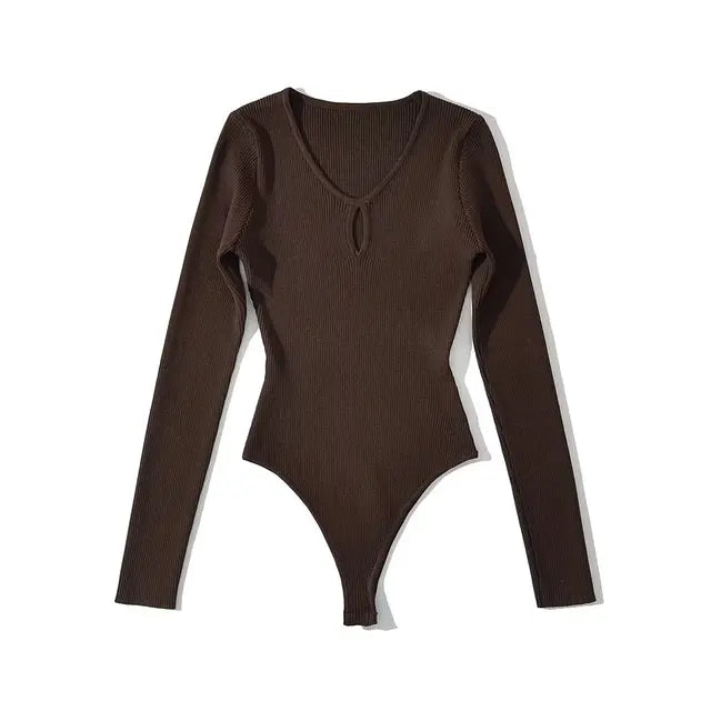 Bodysuit Women Long Sleeve Hollow Out Knitted Stretchable Slim Jumpsuits 3 Colors Tops