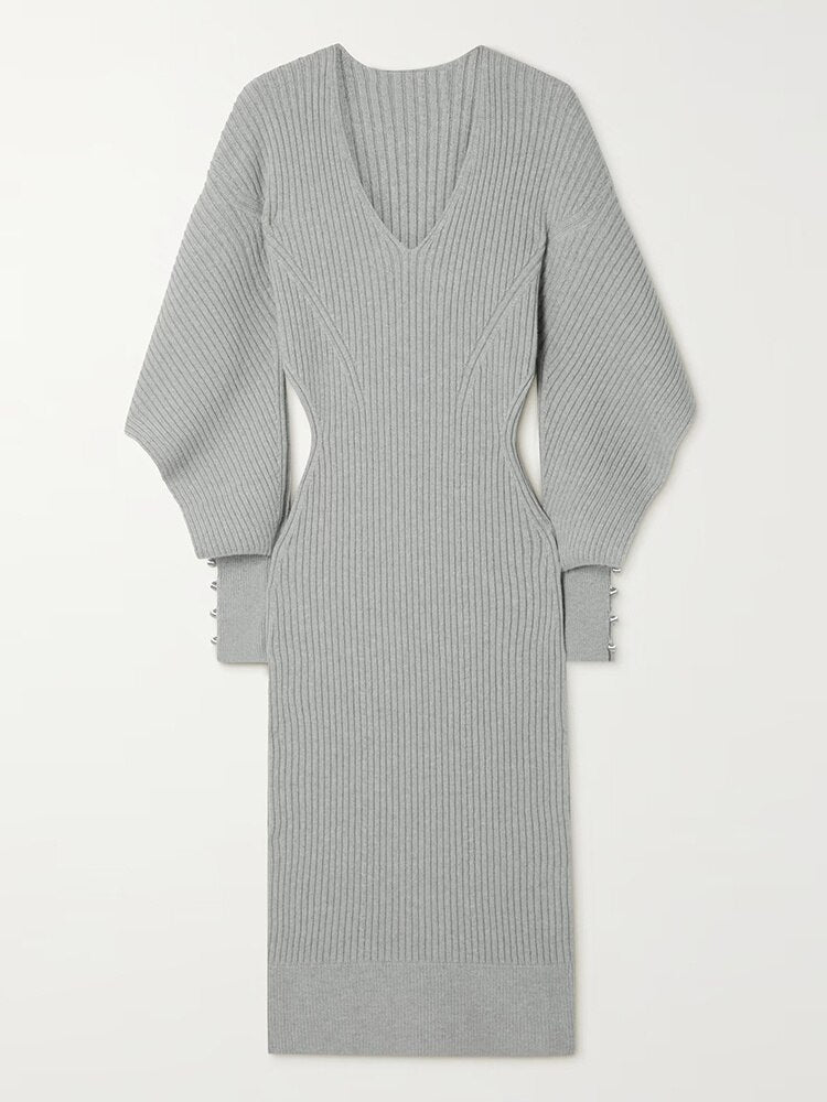Hollow Out Knitted Dress For Women V Neck Long Sleeve Solid Color 2023 Autumn New Pullover Dresses