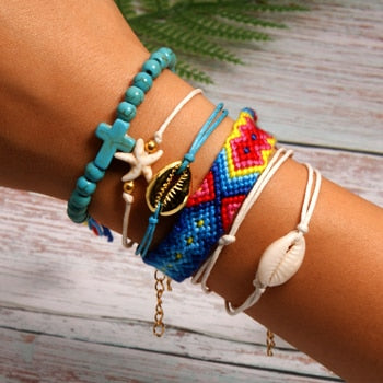 6 Pieces Puka Shell Bracelet Set Cross Beads Weave Boho Fashion Girl Friendship Charm Bracelet Summer Jewelry