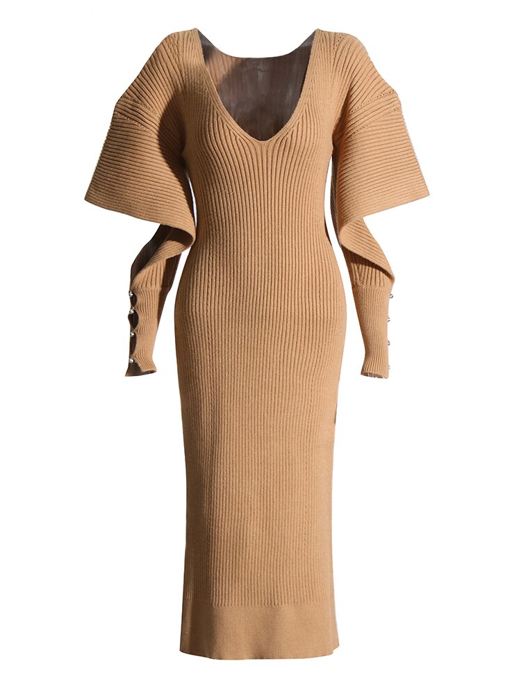 Hollow Out Knitted Dress For Women V Neck Long Sleeve Solid Color 2023 Autumn New Pullover Dresses