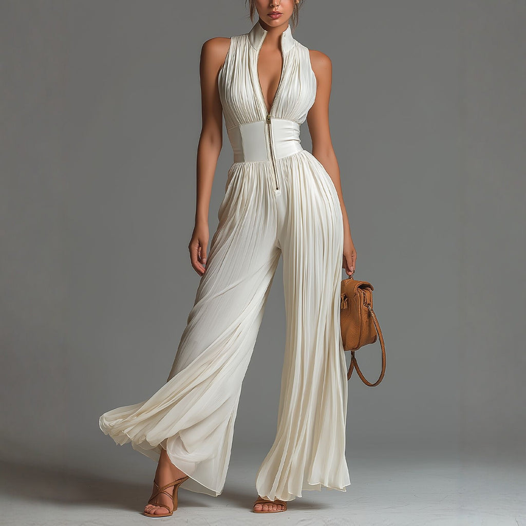 Women’s Pleated Wide Leg Jumpsuit With Strap Neckline
