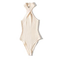 Women Sexy Cross Halter Bodysuits Summer Elastic Slim Solid Color Jumpsuits  Black Sleeveless Bodysuit