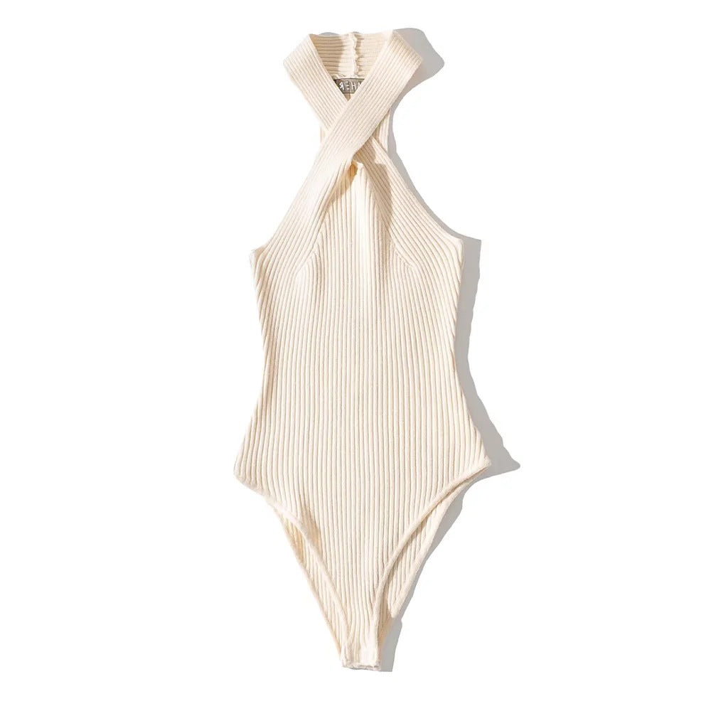 Women Sexy Cross Halter Bodysuits Summer Elastic Slim Solid Color Jumpsuits  Black Sleeveless Bodysuit