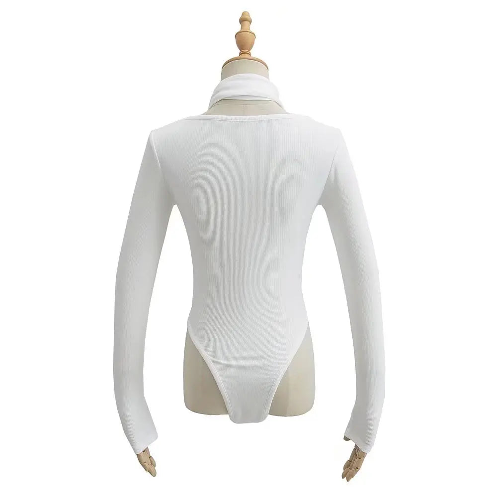 Women Sexy Mesh Square Collar White Bodysuits Spliced Perspective Elastic Slim Jumpsuits With Scarf