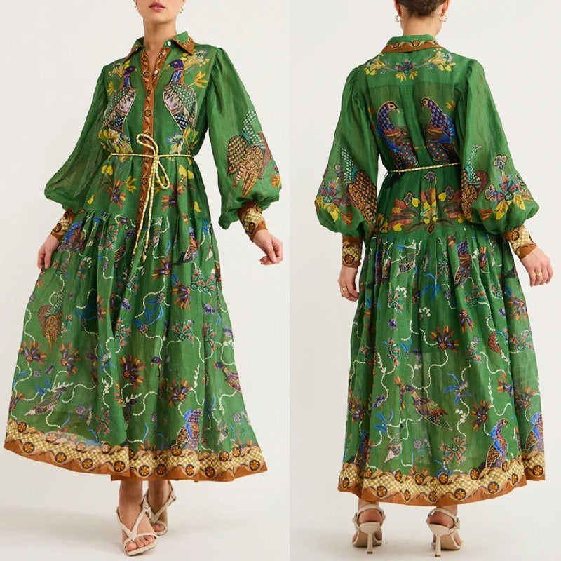 Printed Lapel Single-breasted Dress Women Casual Long Sleeve Slim Midi Dresses