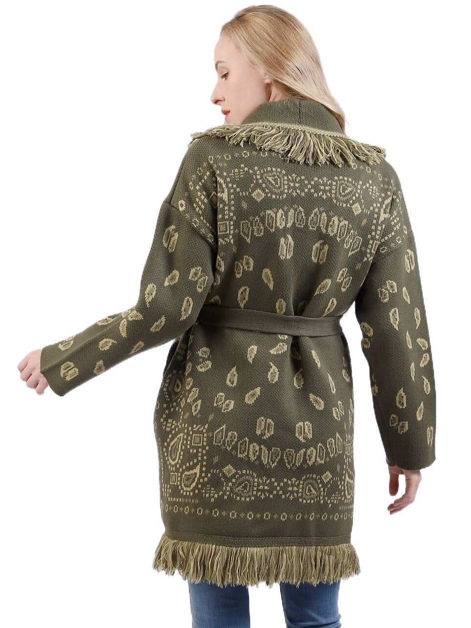 Oversized Jacquard Cardigan fringe hem belt tied cardigan women new autumn winter warm boho cardigan sweater coat