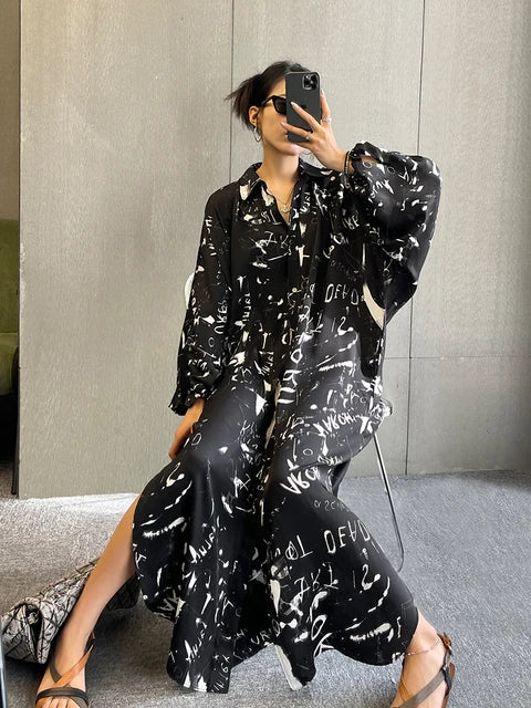 Women Dress Printed Lantern Sleeve Single Breasted Shirt Dress Loose Leisure Oversized Long Dresses