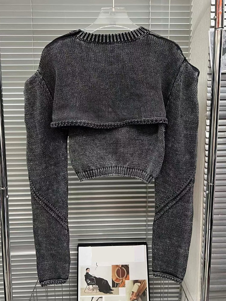 Streetwear Denim Two Piece Set Womens Square Collar Sleeveless Tanks O Neck Long Sleeve Tops Knitting Female Sets