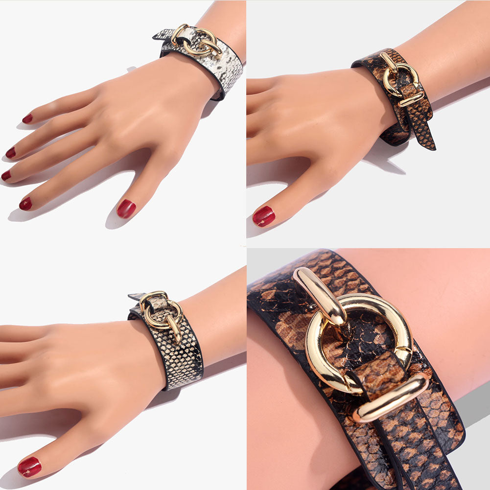 Leopard Bangle Bracelets For Women Boho Gold Color Button Vintage Leather Bracelet Punk Jewelry