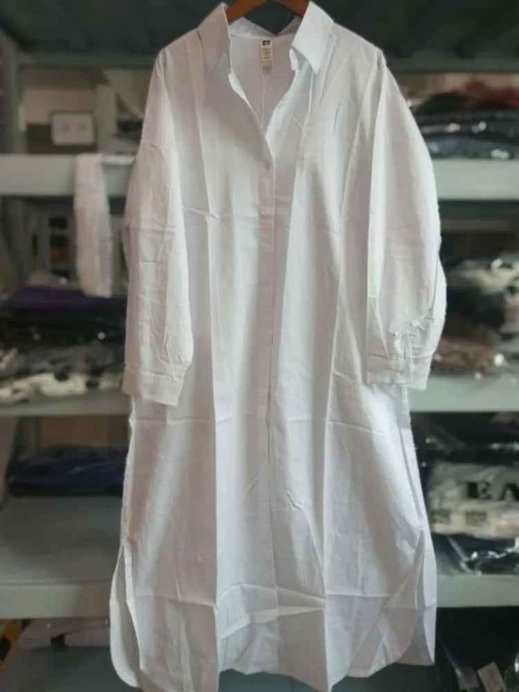 Spring Fashion White Shirt Dress Turn-down Collar Long Sleeve Single Breasted Pockets Belt Woman Dresses