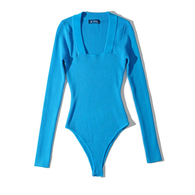 Sexy Slim Square Collar Bodysuit Women Long Sleeve Knitted Elastic Slim Black Jumpsuits