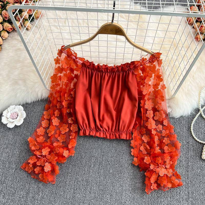 Off Shoulder Three Dimensional Flower Perspective Mesh Patchwork Chiffon Shirt for Womens Loose Waist Short Off Shoulder Top