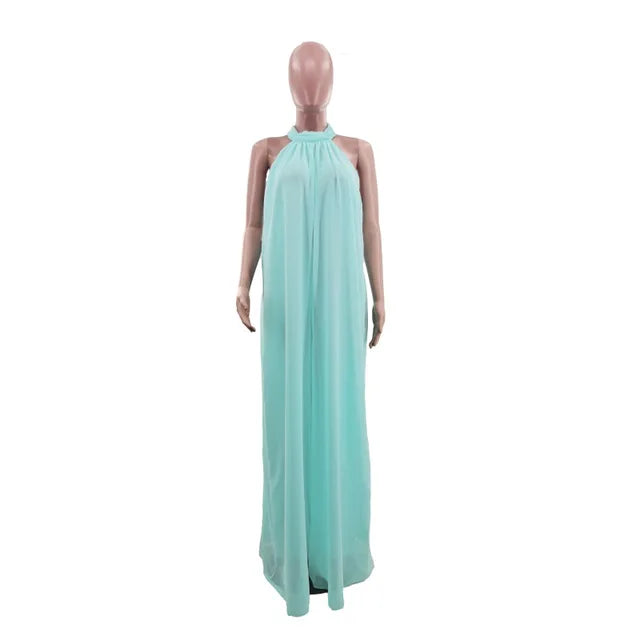 Elegant Holiday Chiffon Jumpsuits Halter Sleeveless High Waist Women Wide Leg Playsuit Open Back Pleated Rompers