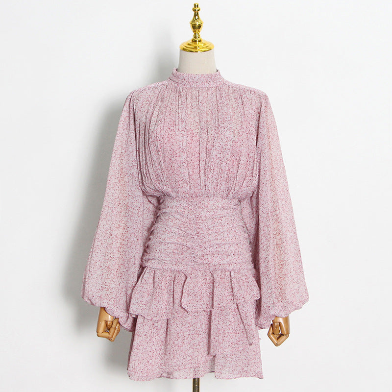 Solid Mini Dress For Women Stand Collar Long Sleeve High Waist Pacthwork Fold Dresses Female