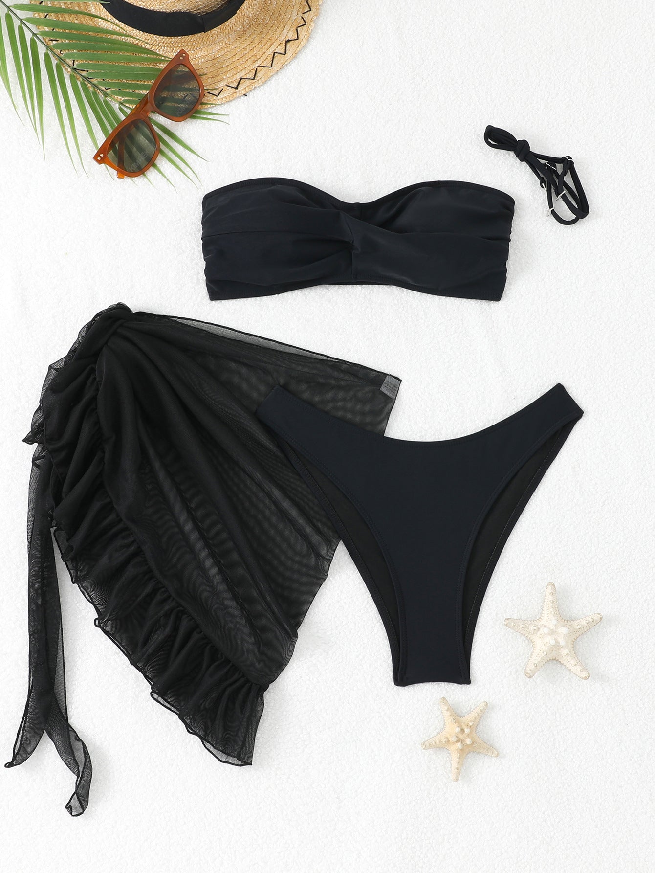 Solid color split strapless bikini three piece set