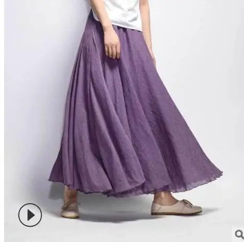 Cotton Linen Maxi Skirt Women Spring Summer Elastic Waist Vintage Solid Pleated Long Skirts Mori Girl Boho Beach Skirt