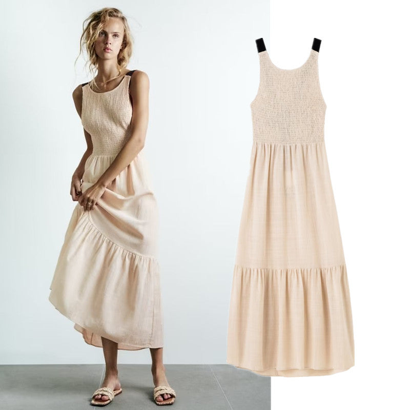 Women Fashion With Tied Smocked Elastic Ruffle Midi Dress Vintage Backless Wide Straps Female Dresses