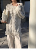 Fashion Women Knitted Dress V-neck Long Sleeve Tassel Mid Waist Weaving Stripes Mini Dresses Spring