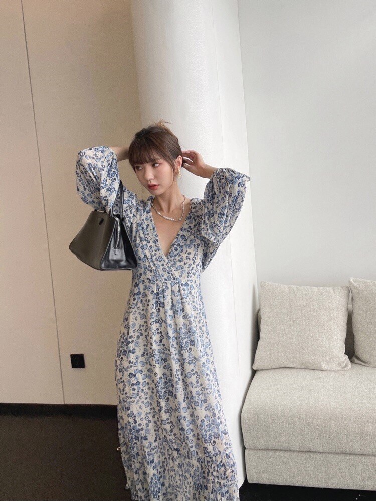 Korean Fashion Chic Midi Long Dresses For Women Lantern Long Sleeve Vintage Floral V-neck Loose Sexy Beach Boho Lady Dress Femme