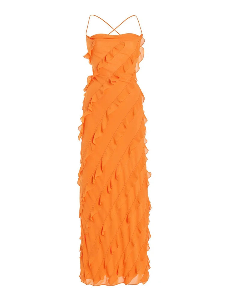 Women's Dress Strapless Spaghetti Strap Backless Ruffles Solid Color Floor-length Dresses Summer
