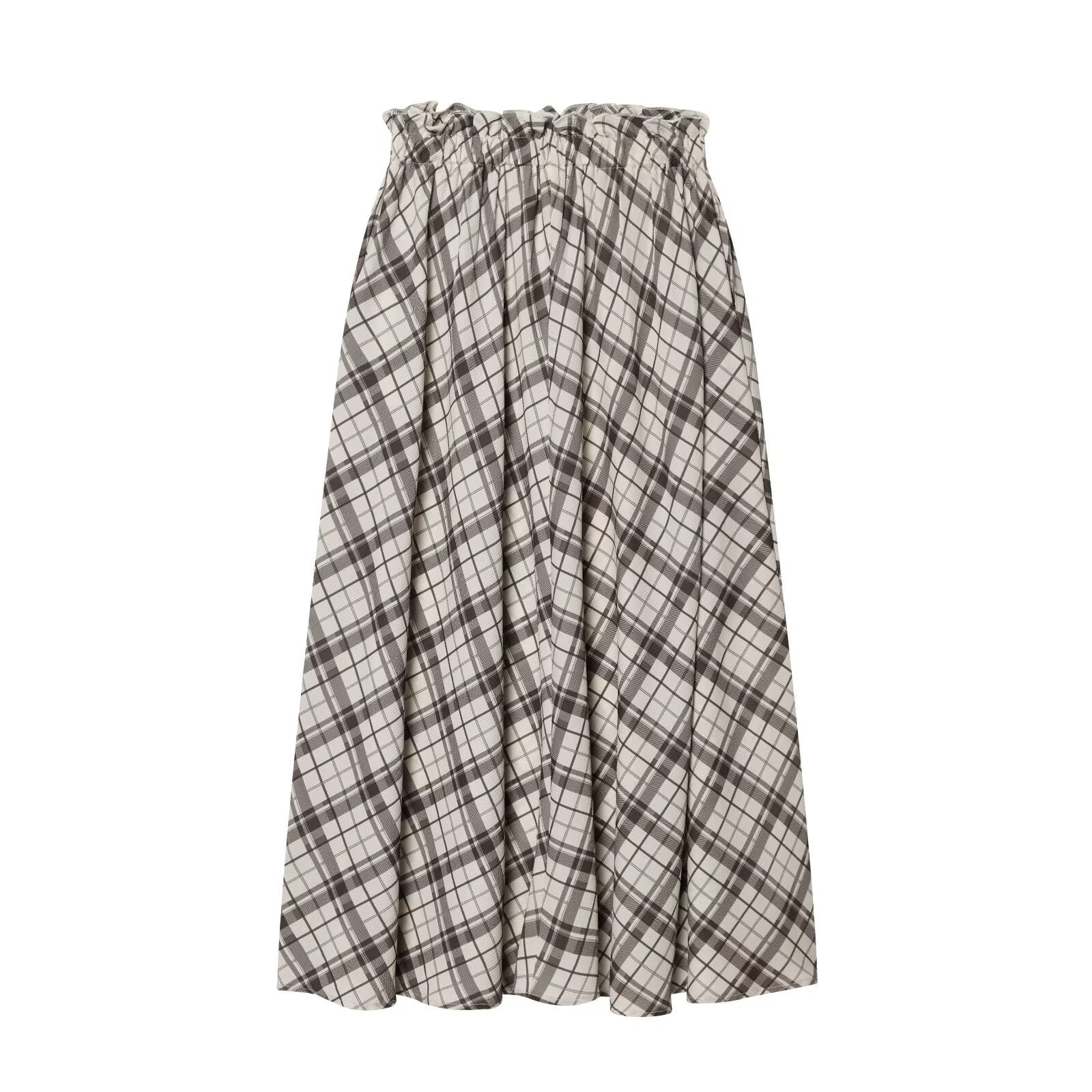 Commuting style simple grid flute skirt
