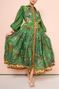 Printed Lapel Single-breasted Dress Women Casual Long Sleeve Slim Midi Dresses