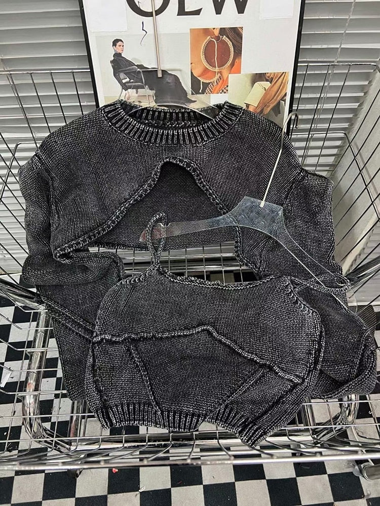 Streetwear Denim Two Piece Set Womens Square Collar Sleeveless Tanks O Neck Long Sleeve Tops Knitting Female Sets