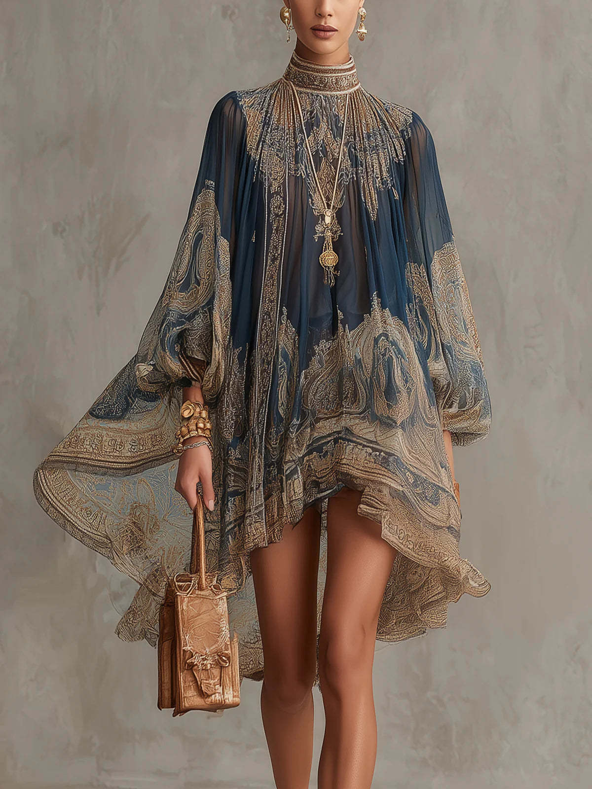 Boho Chiffon Long Sleeve High Neck Mini Dress