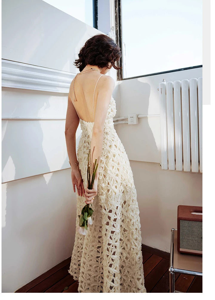 Designer Fashion High Quality Flower Hollow Out A Line Summer Strap Midi Long Dresses Backless Boho Casual Dress