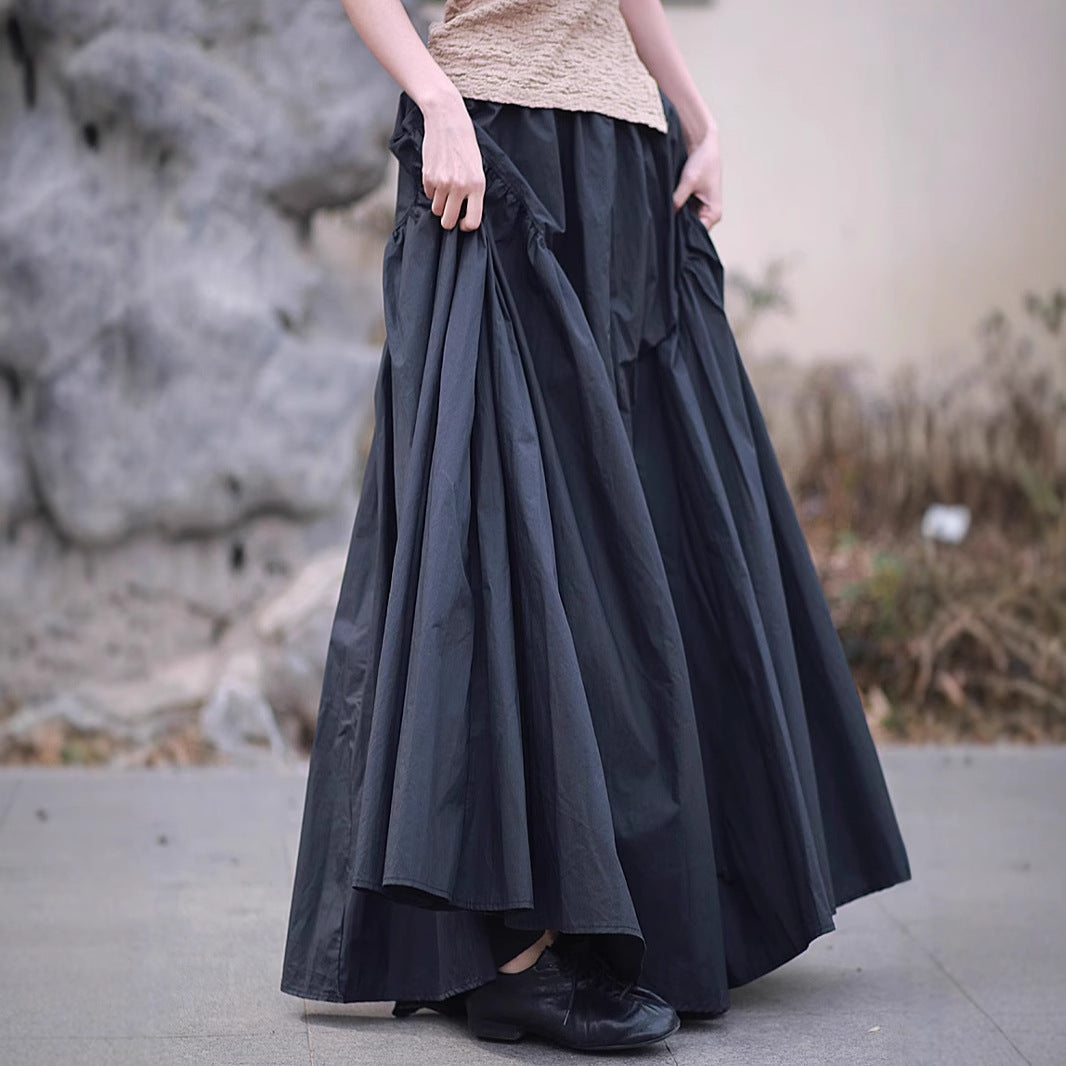 Vintage High-Density Cotton Maxi Skirt, Solid Color, Oversized A-Line, Elastic Waist, Washed Cotton, Boho Style, Long Skirt
