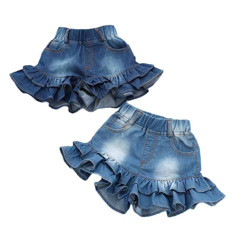 Double layer black fungus edge girls' denim shorts