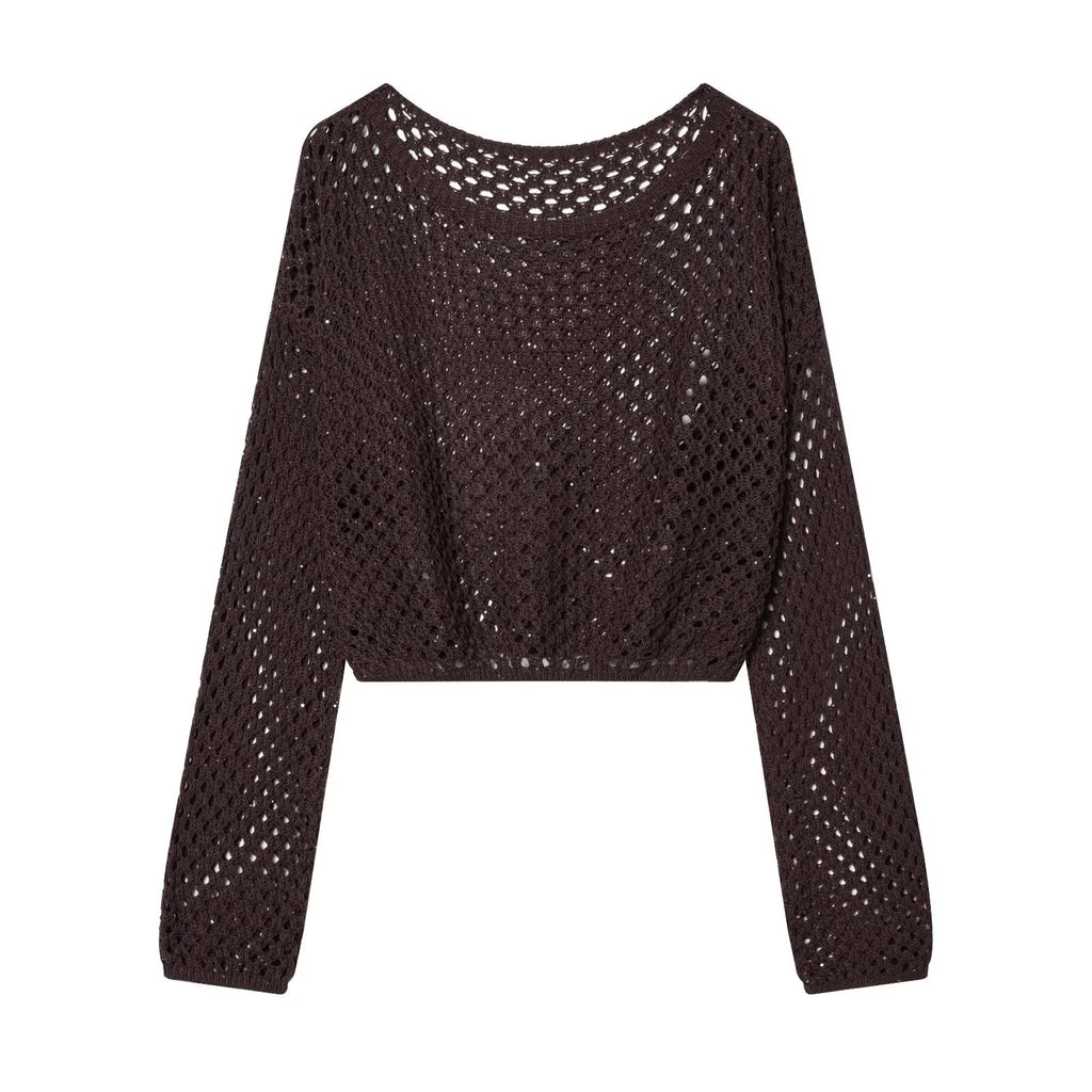 Spicy girl sequin hollow out short long sleeved knitted sweater