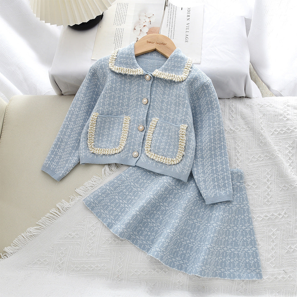 Chic Tweed Set for Girls Long Sleeve Jacket and Skirt Two-Piece Outfit