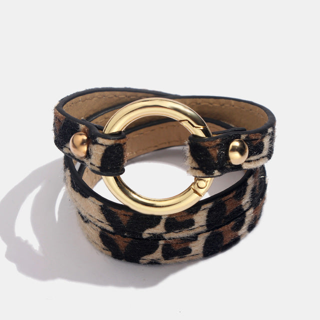 Leopard Bangle Bracelets For Women Boho Gold Color Button Vintage Leather Bracelet Punk Jewelry