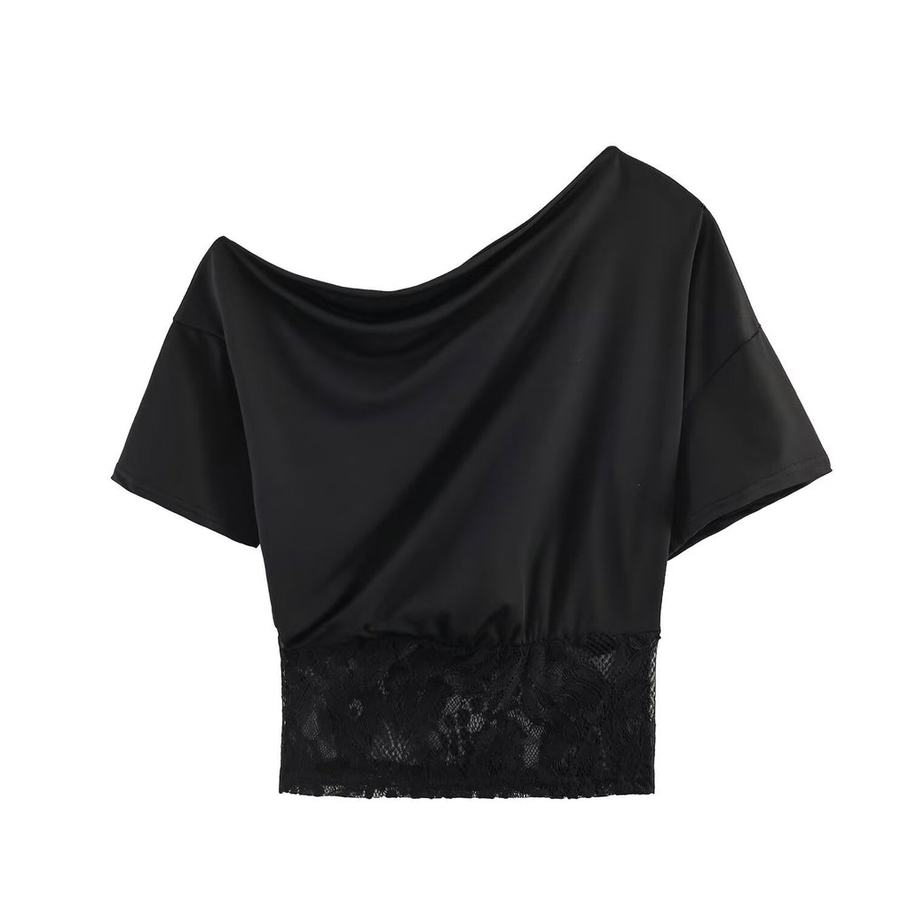 Spicy girl sexy lace patchwork sloping shoulder waistband top