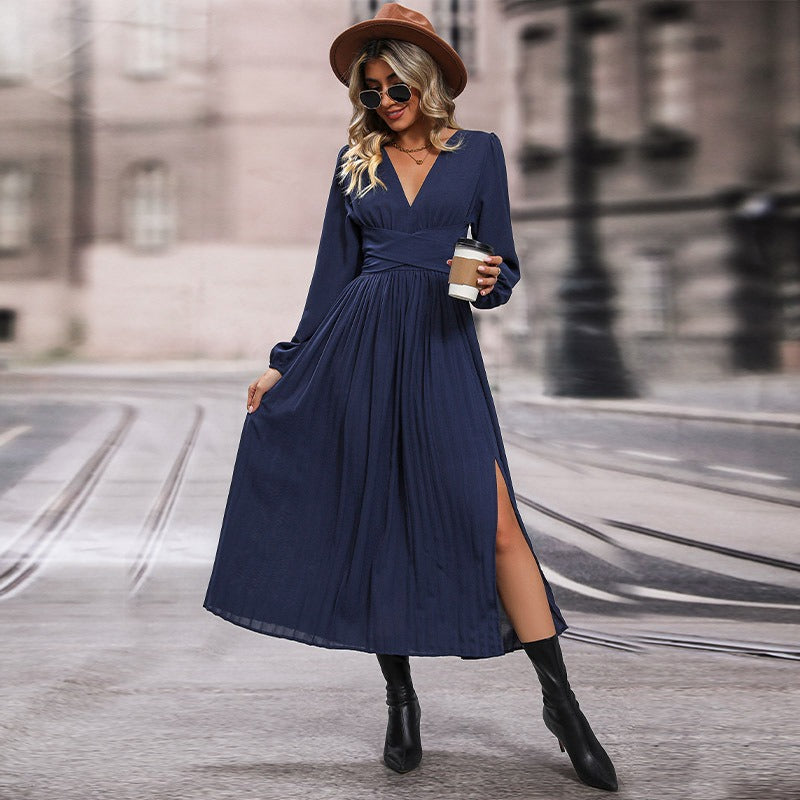 Spring and Autumn European and American women's multi colored long sleeved solid color dresses, medium to long styles