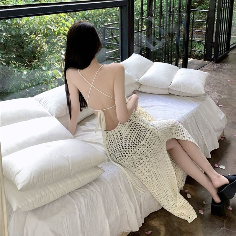 Casual Knitting Hollow Out Backless Midi Long Dress Sexy Lady V Neck Backless Dresses
