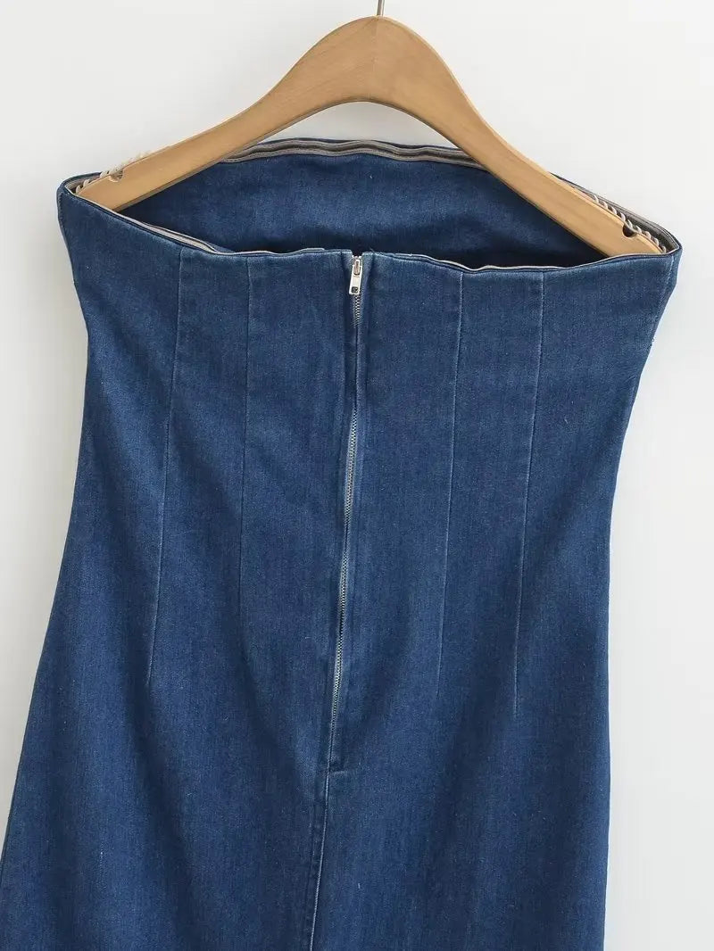Summer Off Shoulder Blue Denim Dress Women Elegant Zipper Backless Midi Dresses