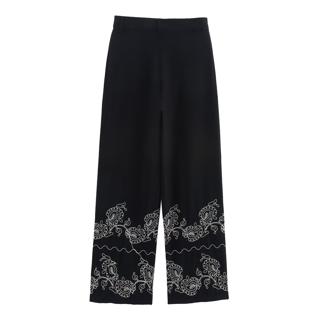 Casual versatile embroidered wide leg pants