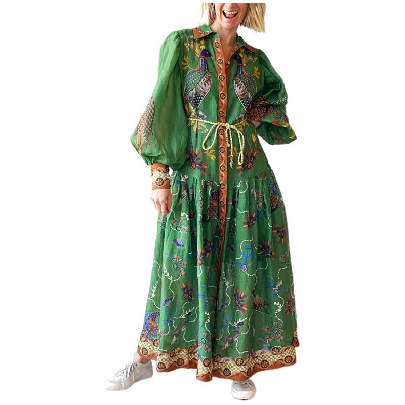 Printed Lapel Single-breasted Dress Women Casual Long Sleeve Slim Midi Dresses