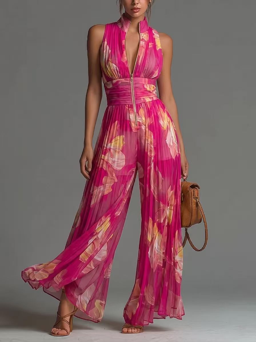 Women’s Pleated Wide Leg Jumpsuit With Strap Neckline