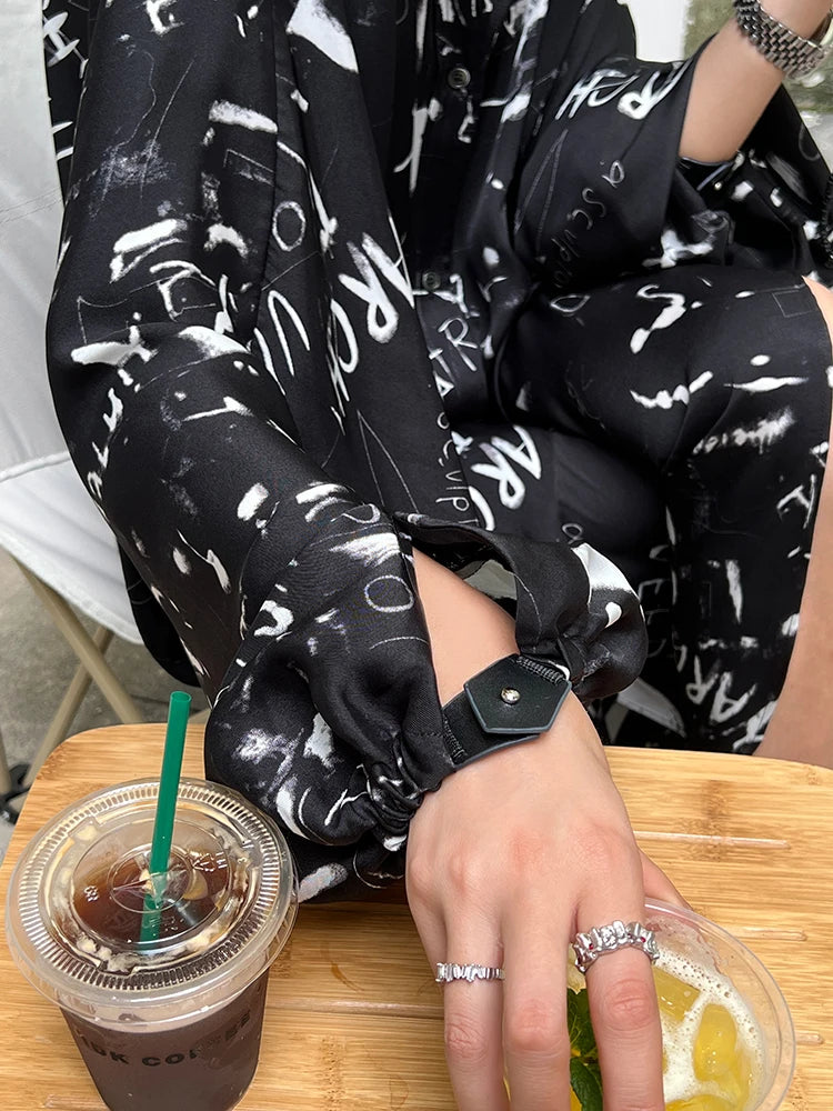 Women Dress Printed Lantern Sleeve Single Breasted Shirt Dress Loose Leisure Oversized Long Dresses