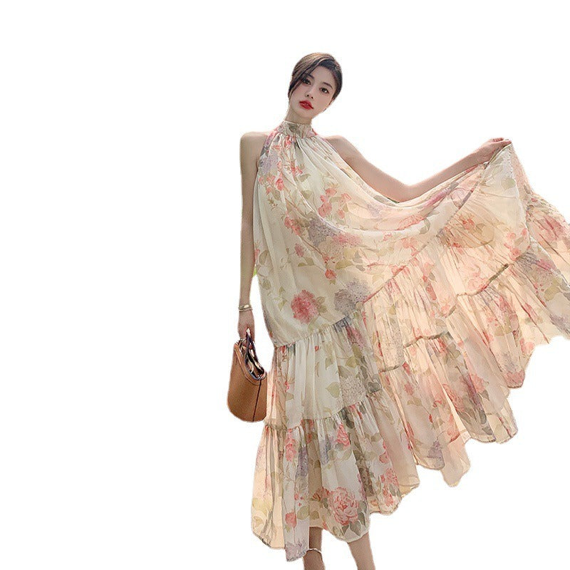A Line Dress For Women Stand Collar Sleeveless Loose Waist Spliced Ruched Summer Print Long Dresses