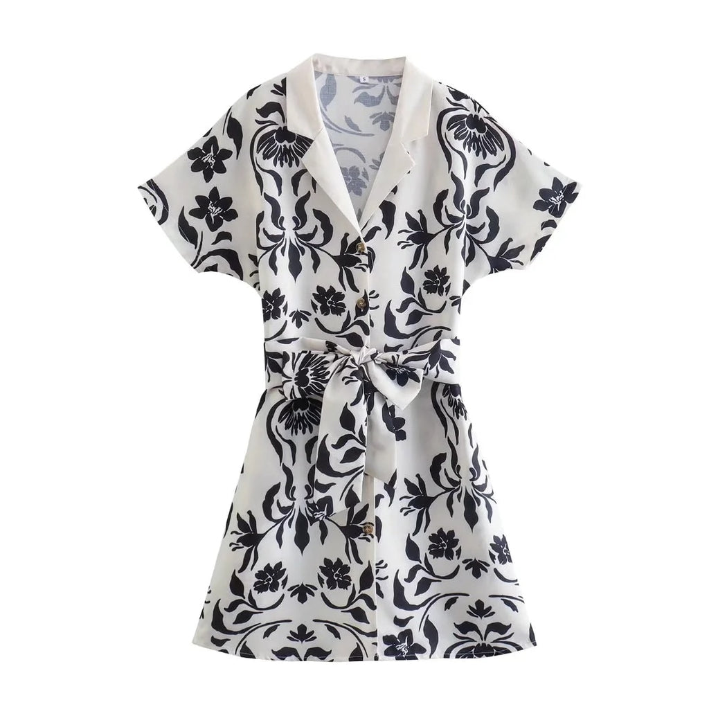 Women Printed Dresses With Bow Belt Summer Flax Elegant Party Short Sleeve Female Causal Mini Dresses