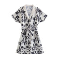 Women Printed Dresses With Bow Belt Summer Flax Elegant Party Short Sleeve Female Causal Mini Dresses